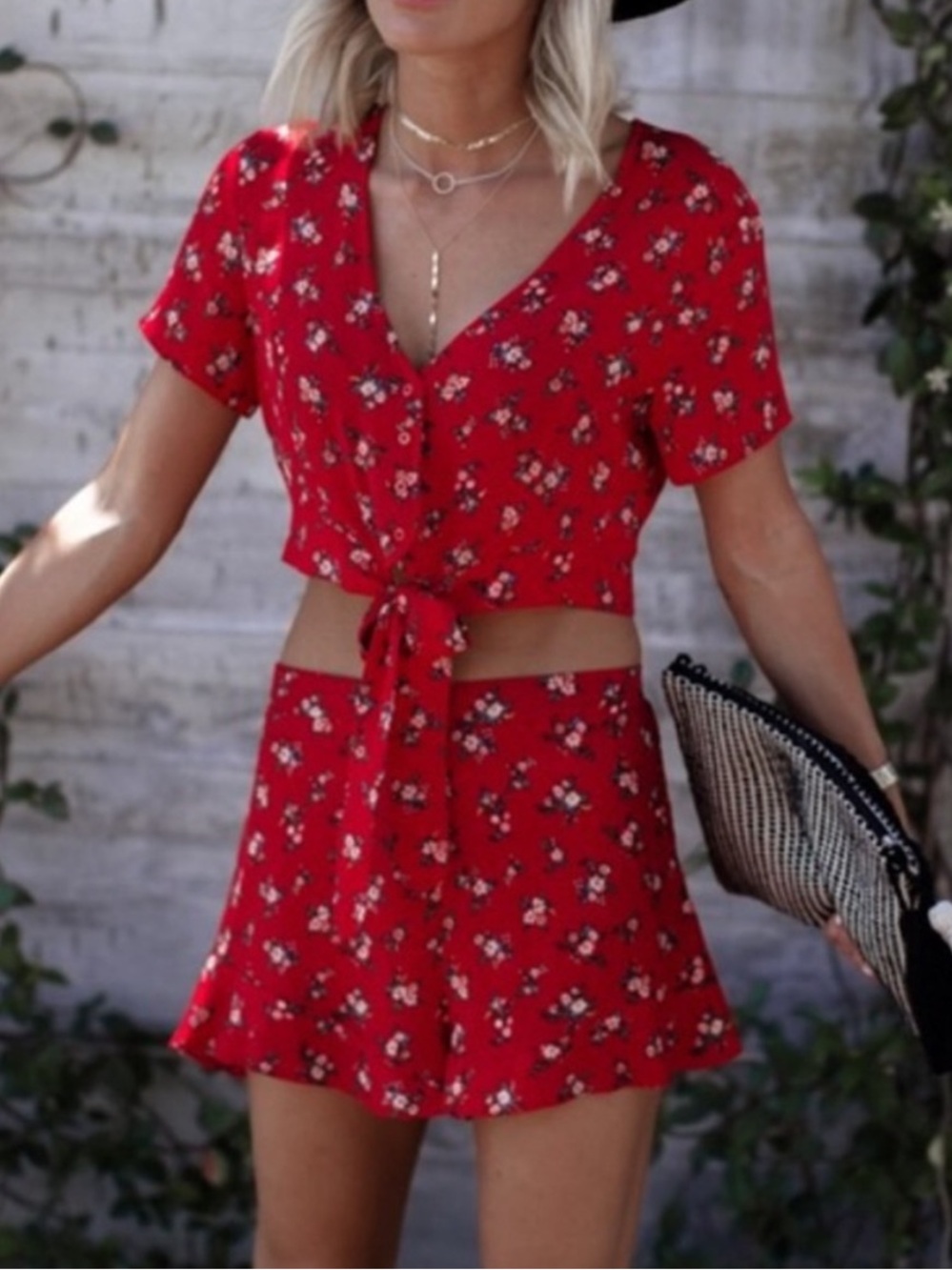 American Eagle Outfitters Red Floral Crop Top & Short Set